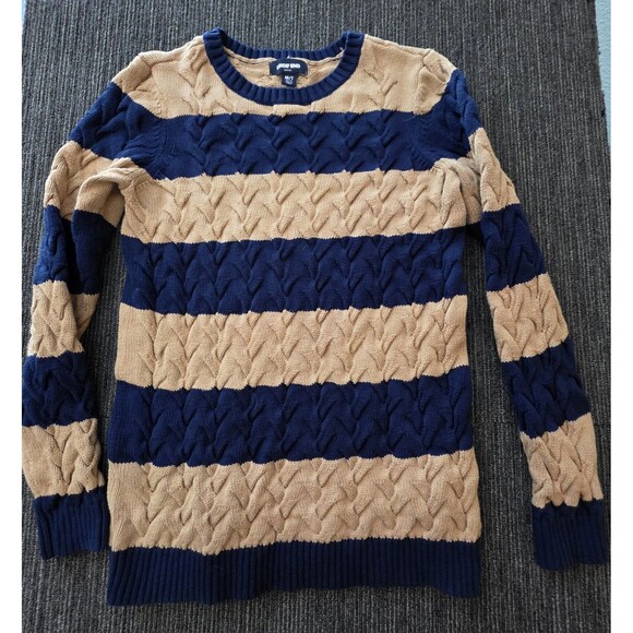 Lands' End Sweaters - Lands' End Size Medium Tall Crew Neck Stripe Sweater Chunky Blue Tan Fall School